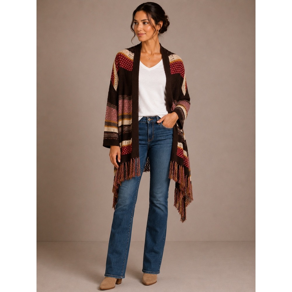 Maurices Cardigan Womens Large Brown Striped Fringe Open Front Boho Knit Sweater